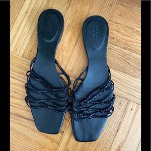 Authentic Gucci Woven Leather Black Sandal Slides